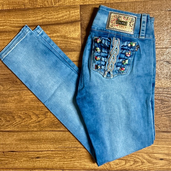 NYE • Size 14 • Denim Blue W/ Multi-Colors Braided • Gold/Diamond Studded •Jeans - Picture 3 of 12